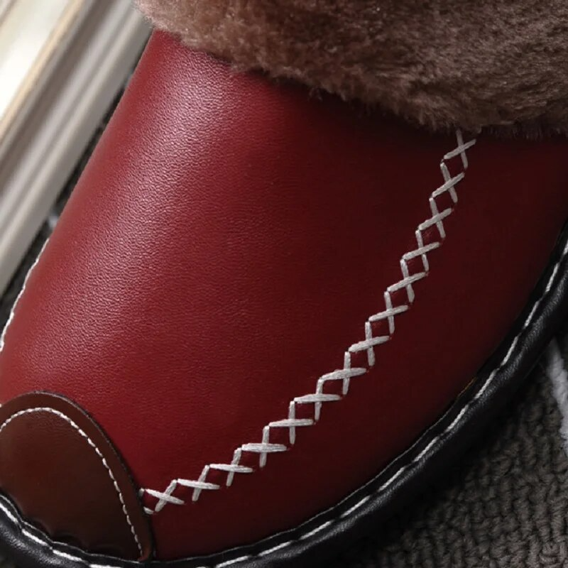 Men's Faux Leather Fur Collar House Slippers stitching detail