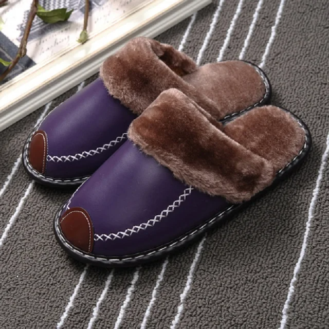 Navy Blue Men's Faux Leather Fur Collar House Slippers
