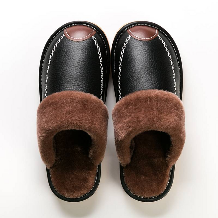 Black Men's Faux Leather Fur Collar House Slippers top view