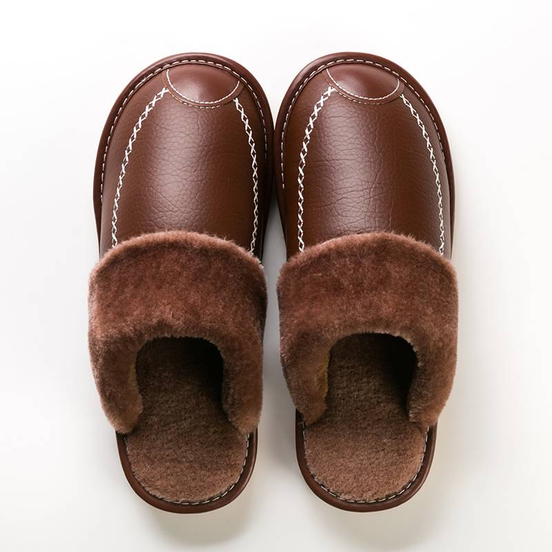 Light Brown Men's Faux Leather Fur Collar House Slippers top view