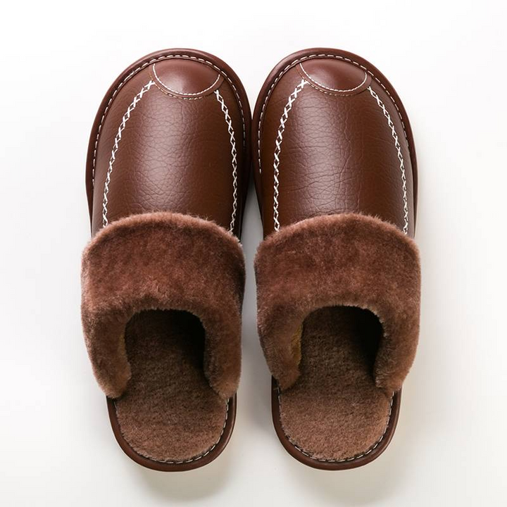 Light Brown Men's Faux Leather Fur Collar House Slippers top view