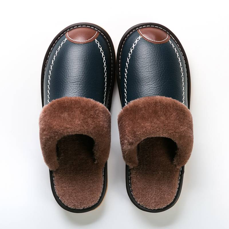 Navy Blue Men's Faux Leather Fur Collar House Slippers top view
