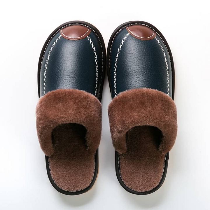 Navy Blue Men's Faux Leather Fur Collar House Slippers top view