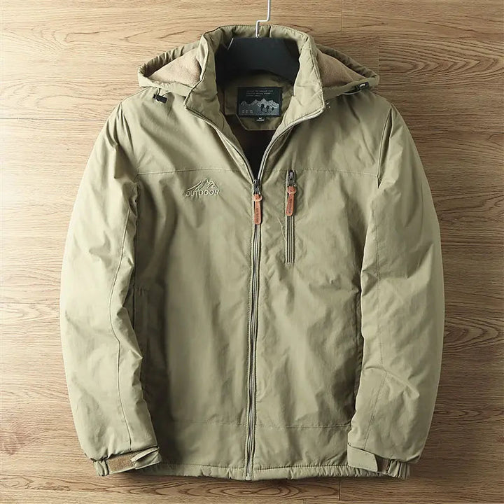Khaki Men's Fleece-Lined Hooded Winter Jacket front view