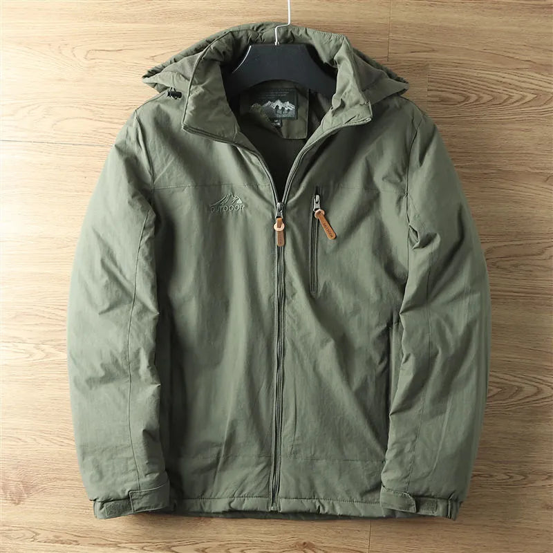 Green Men's Fleece-Lined Hooded Winter Jacket front view