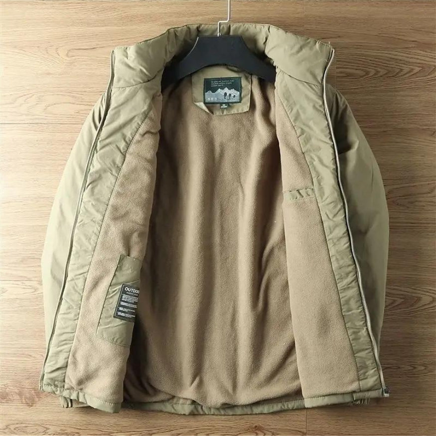 Khaki Men's Fleece-Lined Hooded Winter Jacket open lining