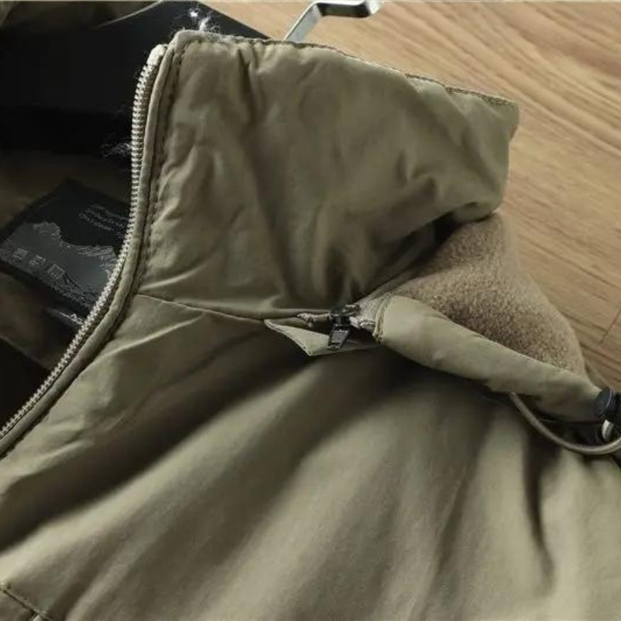Khaki Men's Fleece-Lined Hooded Winter Jacket collar detail