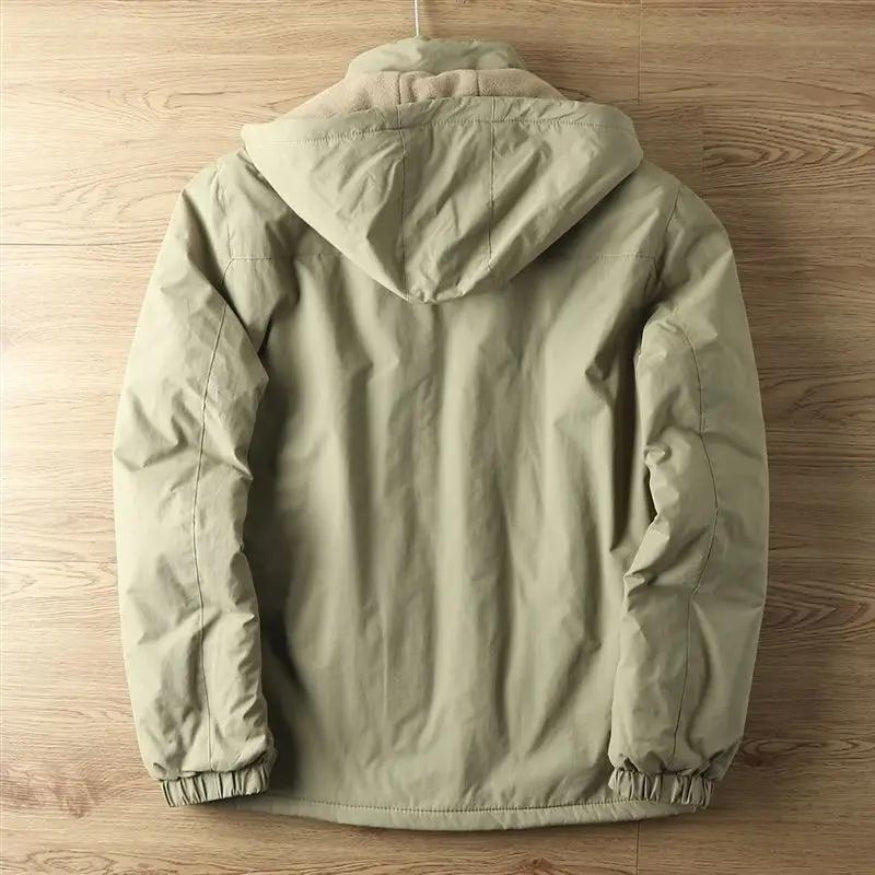 Khaki Men's Fleece-Lined Hooded Winter Jacket side view