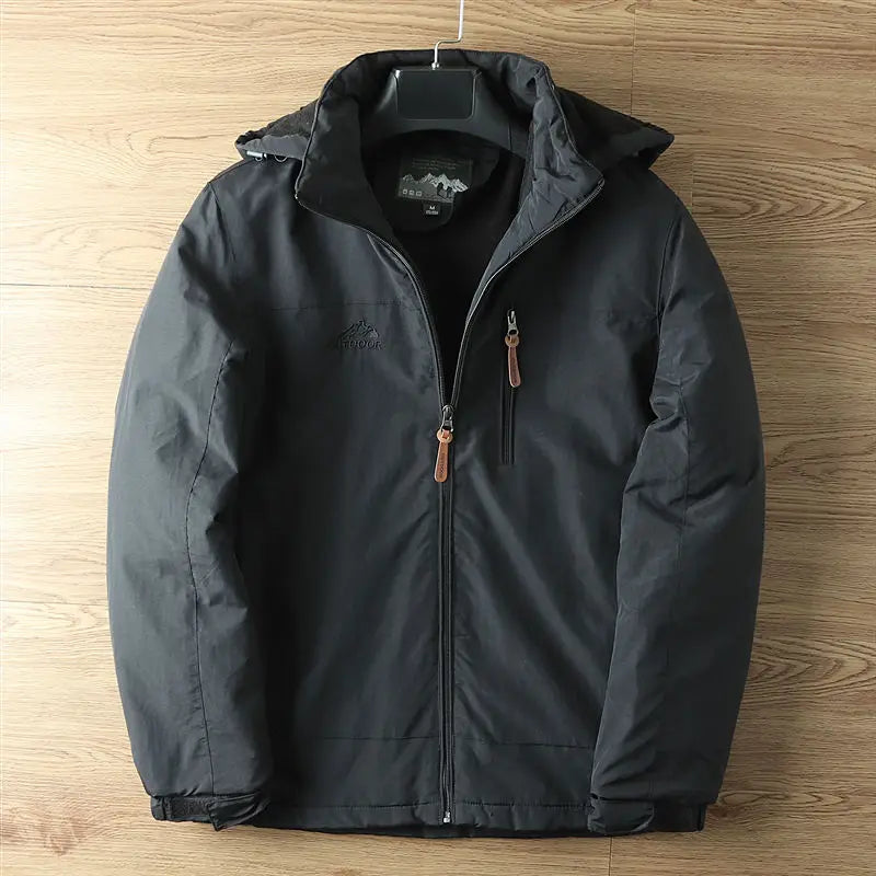 Black Men's Fleece-Lined Hooded Winter Jacket front view