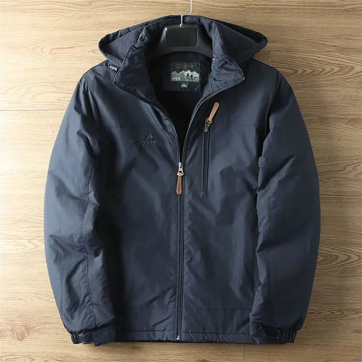 Navy Men's Fleece-Lined Hooded Winter Jacket front view