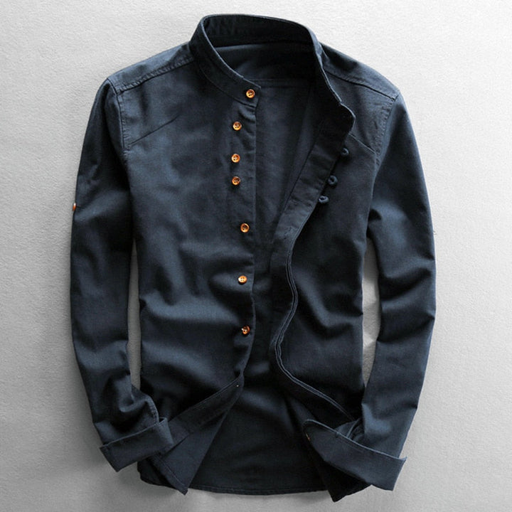 Navy Men's Linen Blend Band Collar Shirt front view