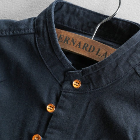 Navy Men's Linen Blend Band Collar Shirt collar detail