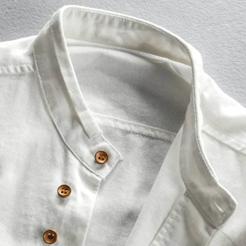 White Men's Linen Blend Band Collar Shirt collar close-up