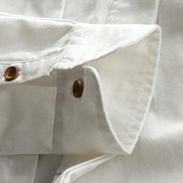 White Men's Linen Blend Band Collar Shirt cuff detail