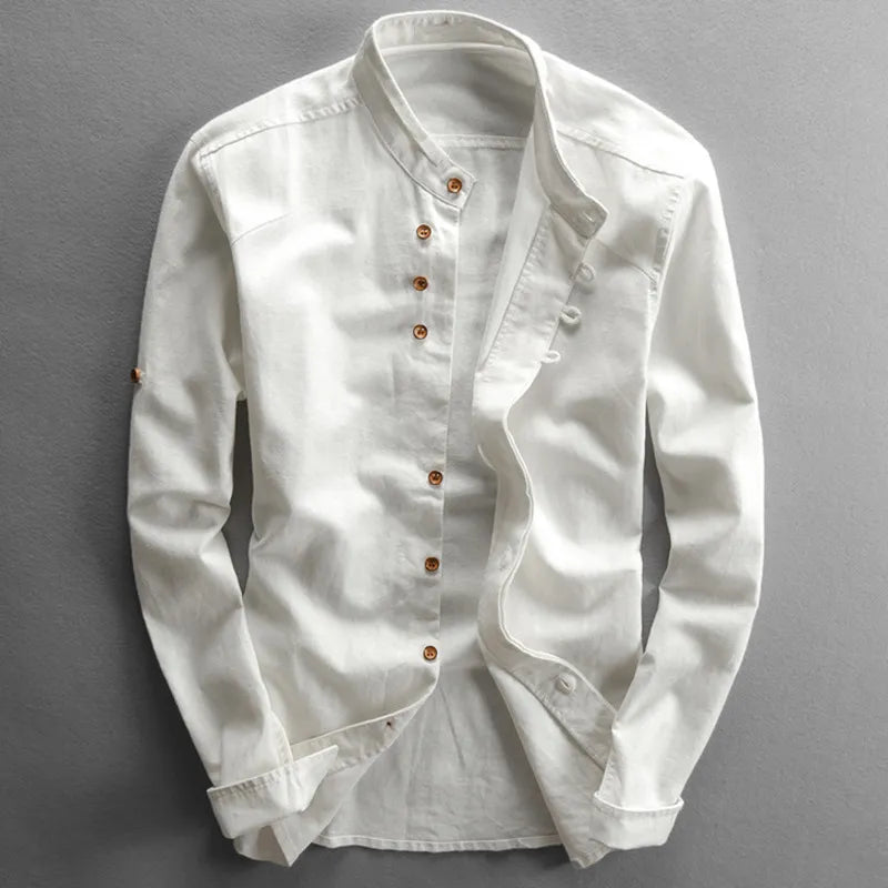 White Men's Linen Blend Band Collar Shirt front view