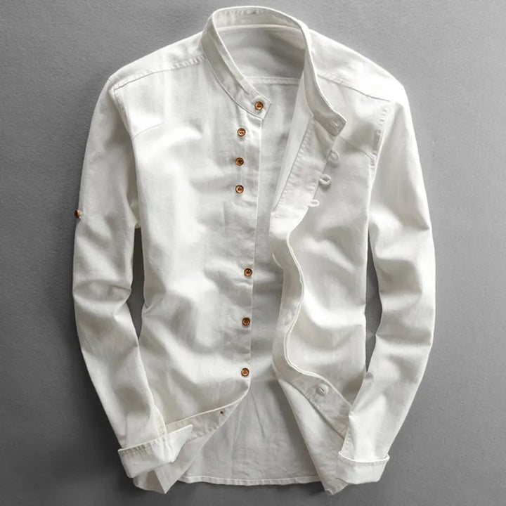 White Men's Linen Blend Band Collar Shirt front view