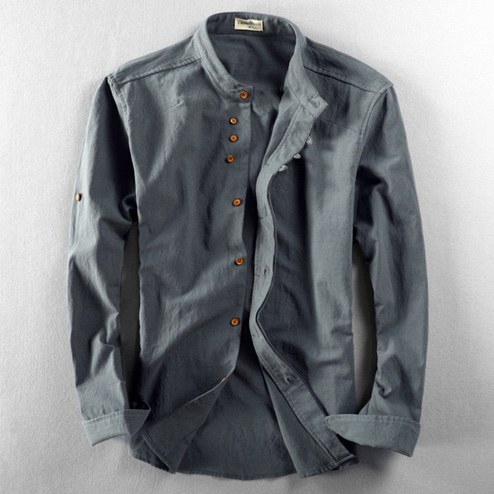 Charcoal Men's Linen Blend Band Collar Shirt front view