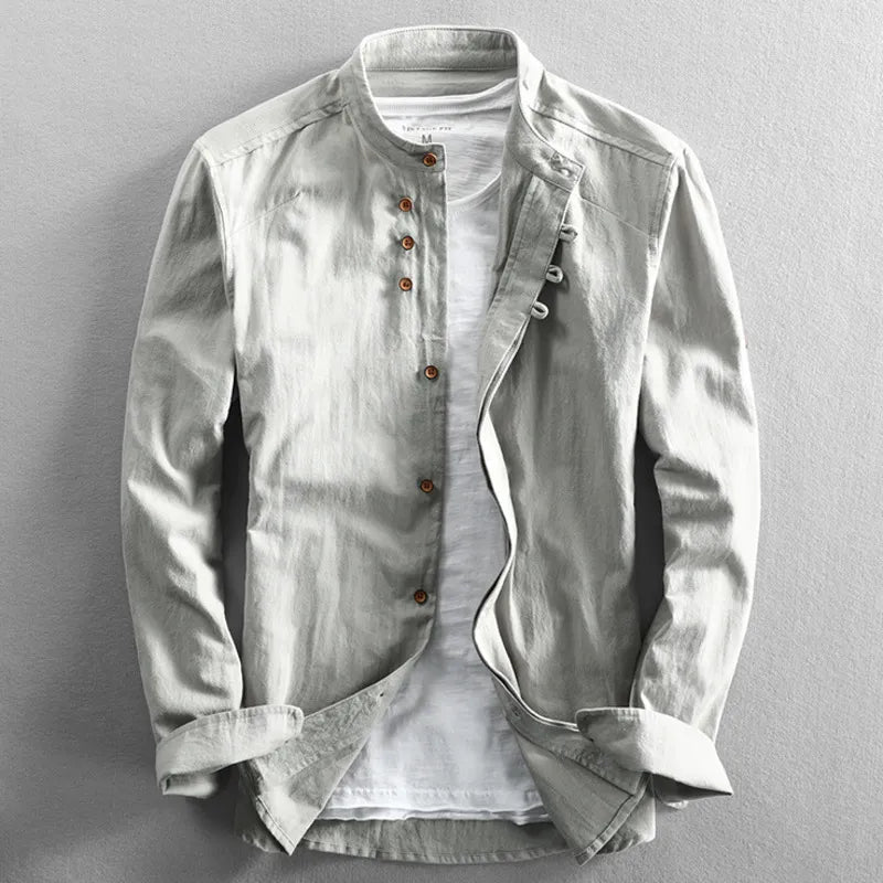 Gray Men's Linen Blend Band Collar Shirt front view