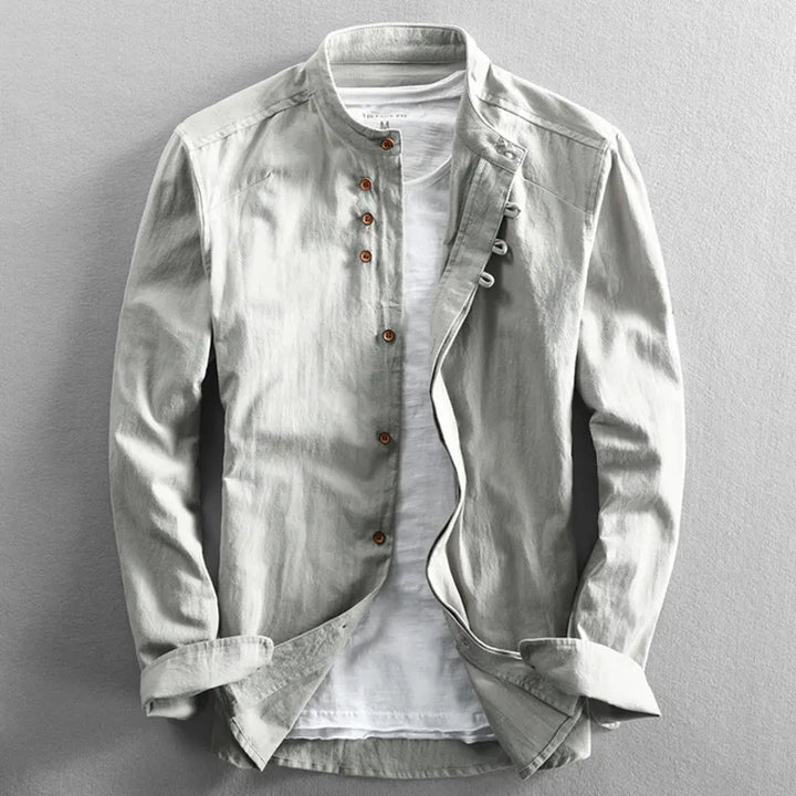 Gray Men's Linen Blend Band Collar Shirt front view