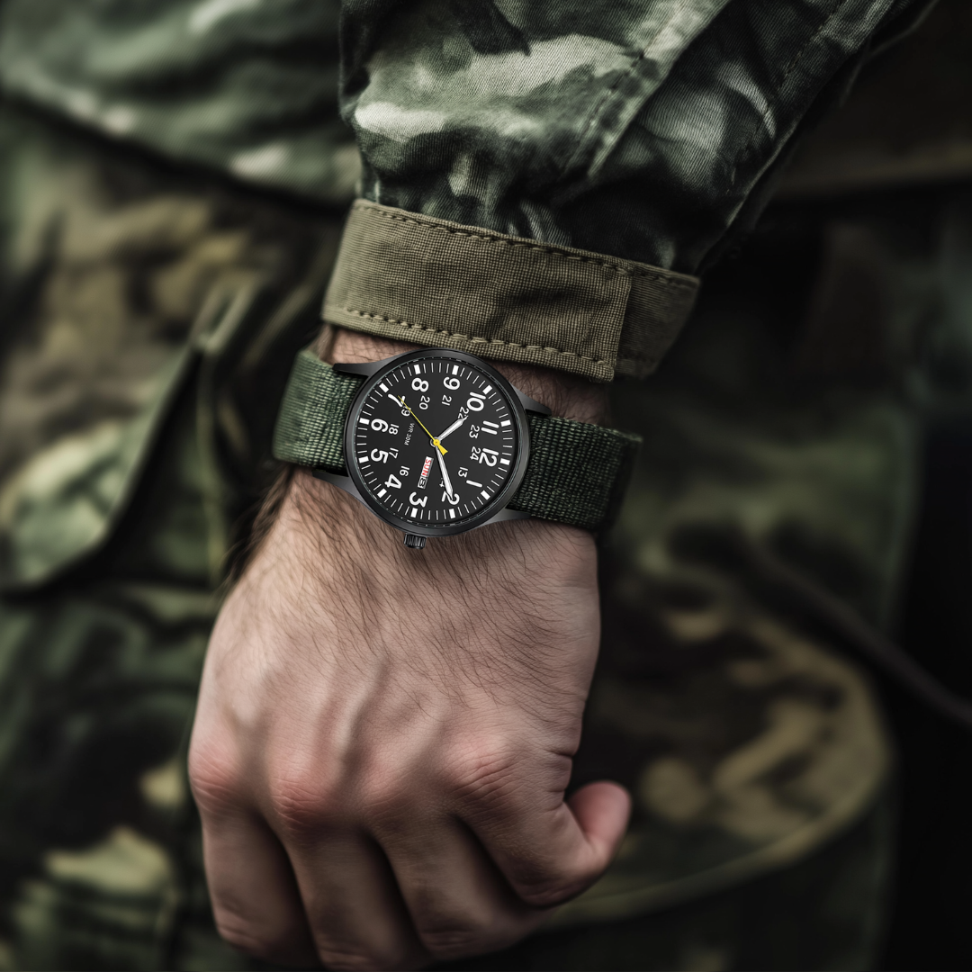 Green Men's Military Field Watch with Nylon Strap on wrist lifestyle view