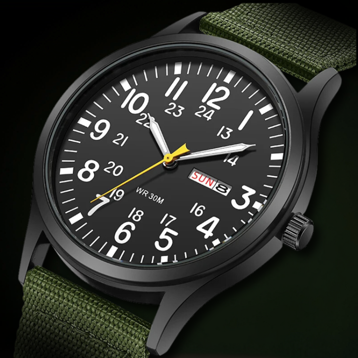 Green Men's Military Field Watch with Nylon Strap dial close-up