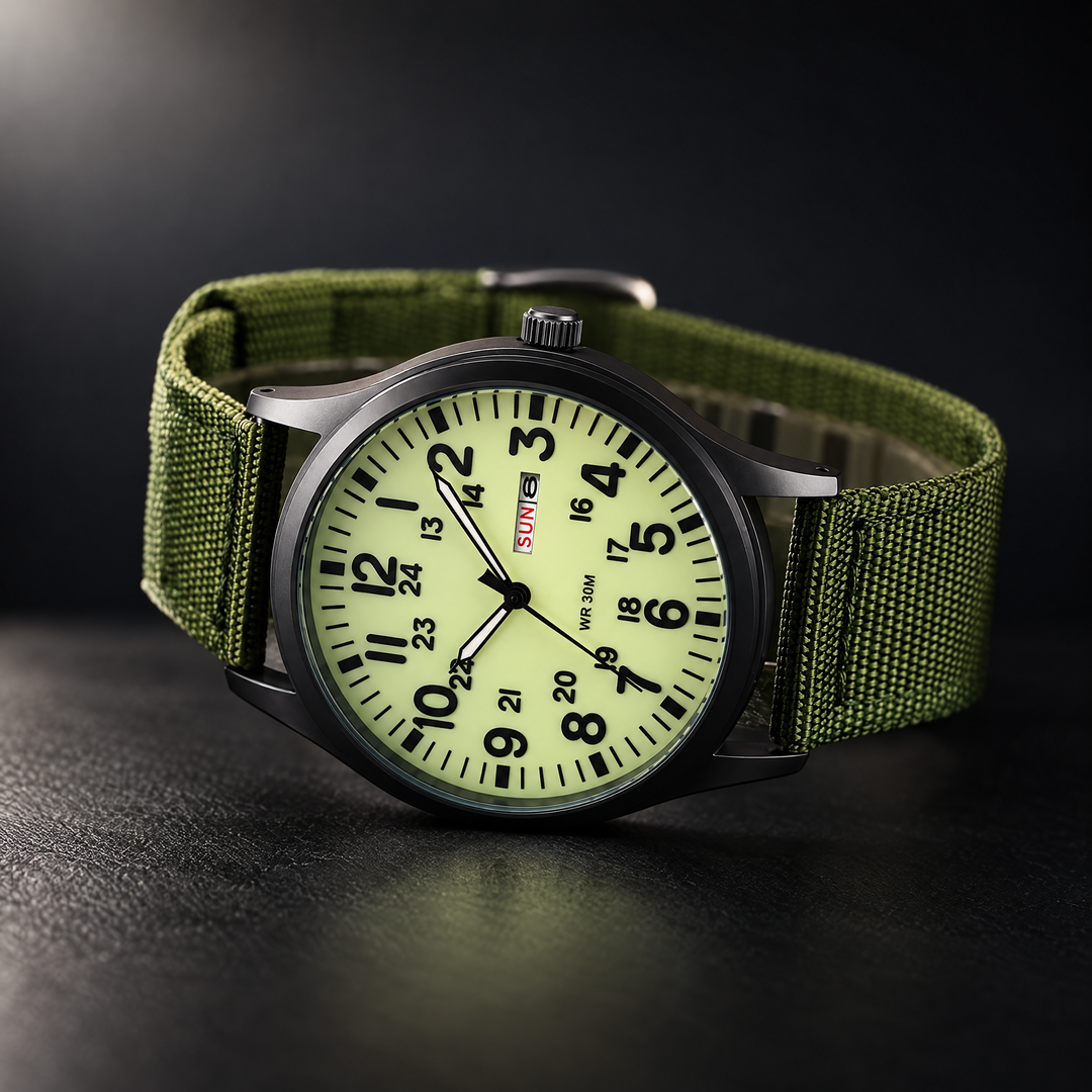 Luminous Dial Men's Tactical Sports Watch with green nylon strap angled studio view