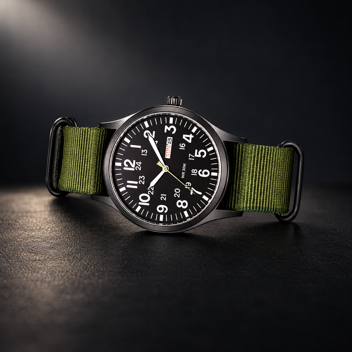Black Dial Green Strap Men's Tactical Sports Watch angled studio view