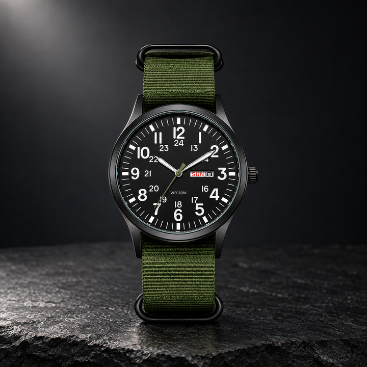 Black Dial Green Strap Men's Tactical Sports Watch front view