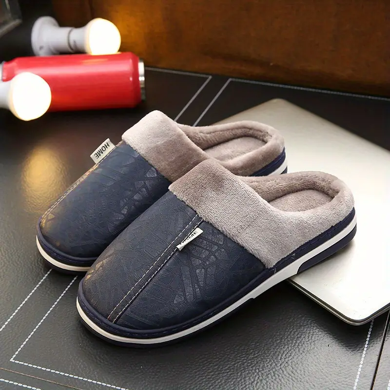 Navy Blue Men's Waterproof Plush Lined Slippers