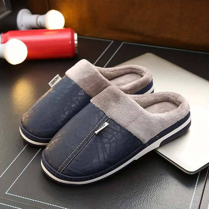 Navy Blue Men's Waterproof Plush Lined Slippers