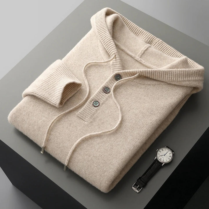 Beige Merino Wool Henley Hoodie folded flat lay