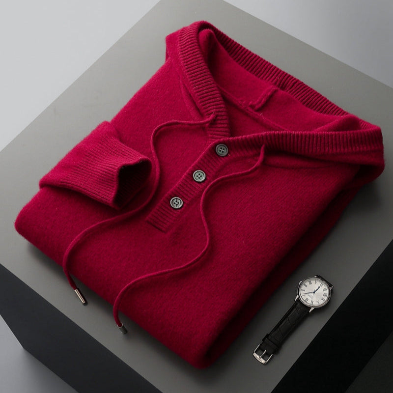 Red Merino Wool Henley Hoodie folded flat lay