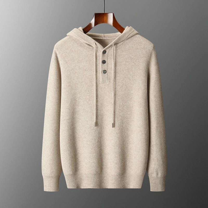 Beige Merino Wool Henley Hoodie front view on hanger