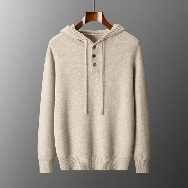 Beige Merino Wool Henley Hoodie front view on hanger