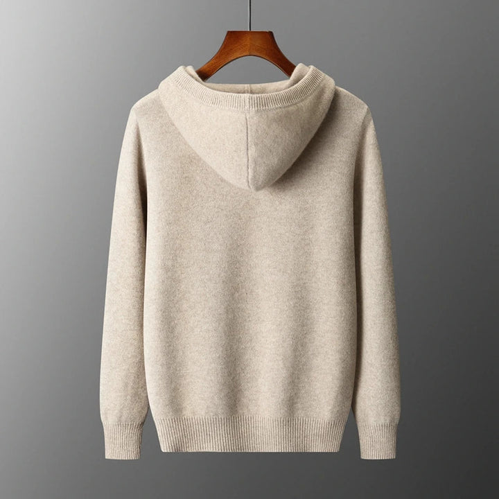 Beige Merino Wool Henley Hoodie back view on hanger
