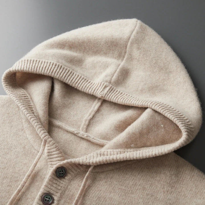 Beige Merino Wool Henley Hoodie hood detail