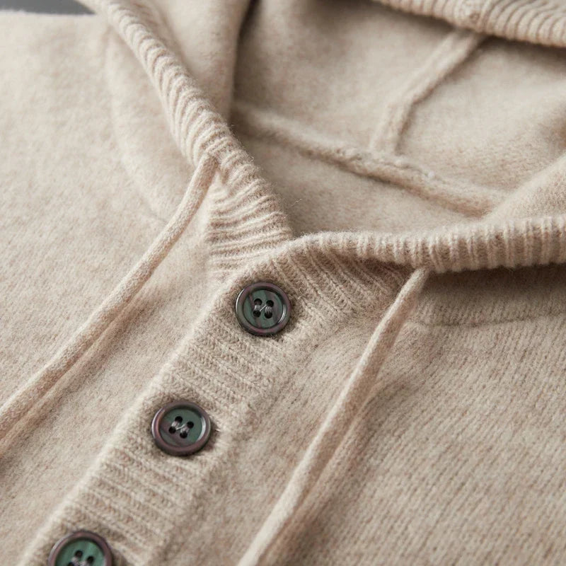 Beige Merino Wool Henley Hoodie button placket detail