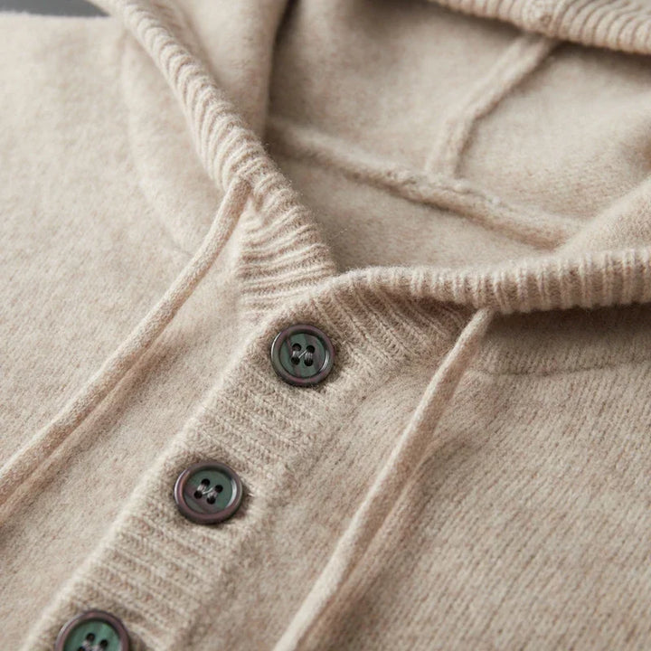 Beige Merino Wool Henley Hoodie button placket detail