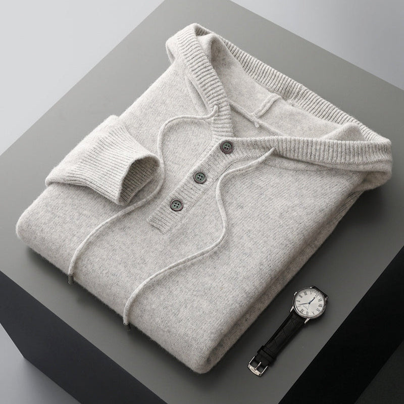 Grey Merino Wool Henley Hoodie folded flat lay