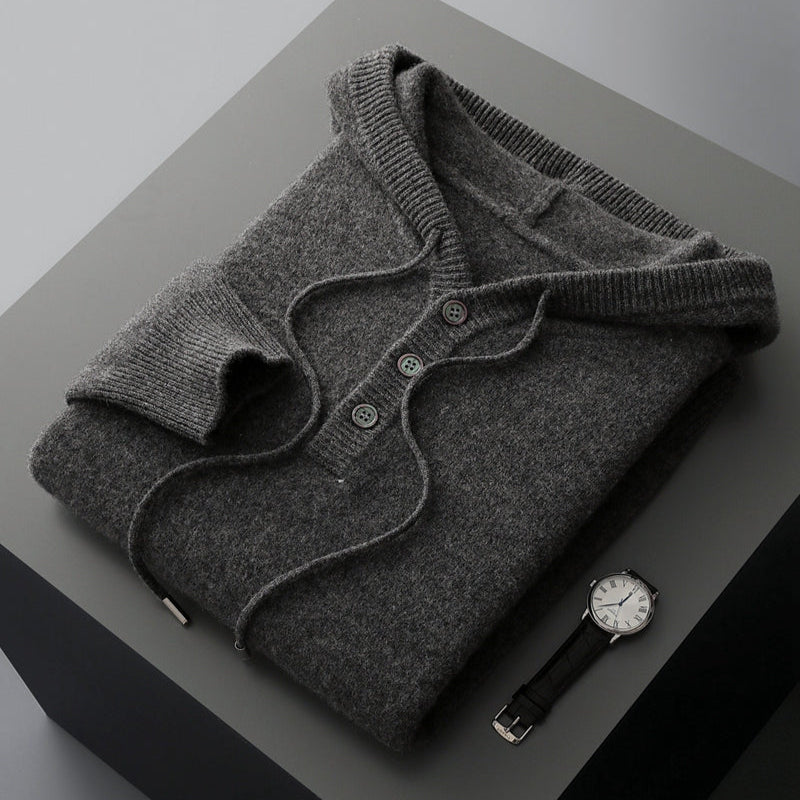Charcoal Merino Wool Henley Hoodie folded flat lay