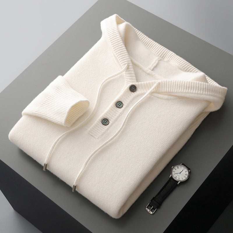 Cream Merino Wool Henley Hoodie folded flat lay