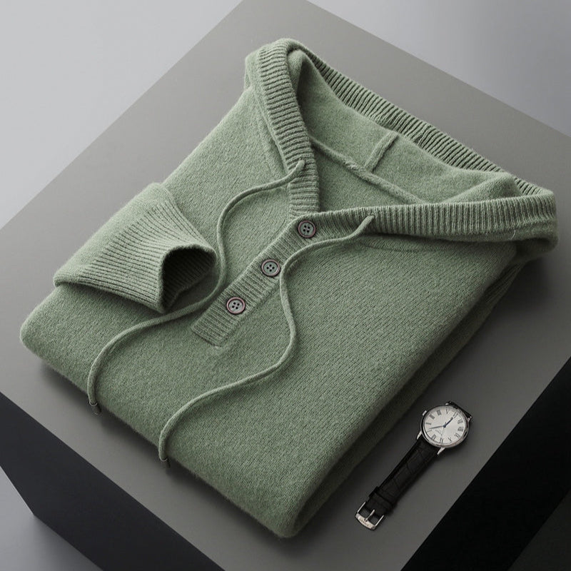 Green Merino Wool Henley Hoodie folded flat lay