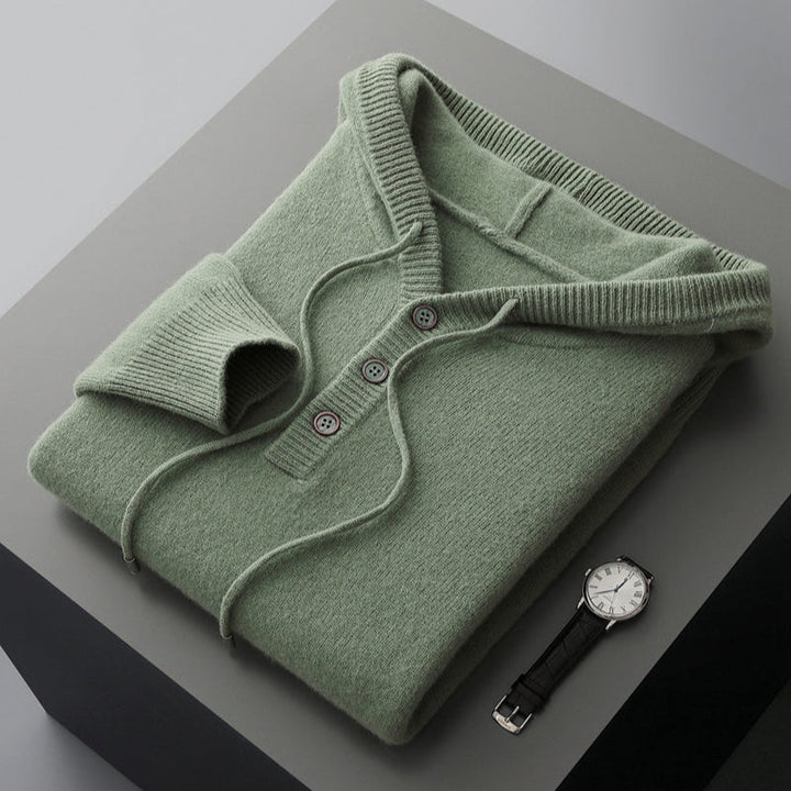 Green Merino Wool Henley Hoodie folded flat lay