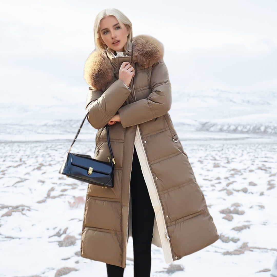 Brown Mid-Calf Puffer Coat worn front view
