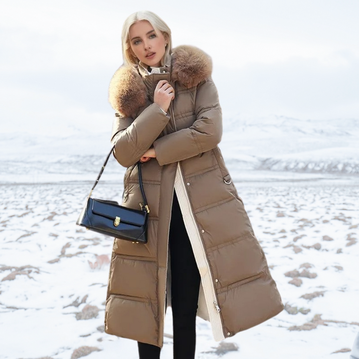 Brown Mid-Calf Puffer Coat worn front view