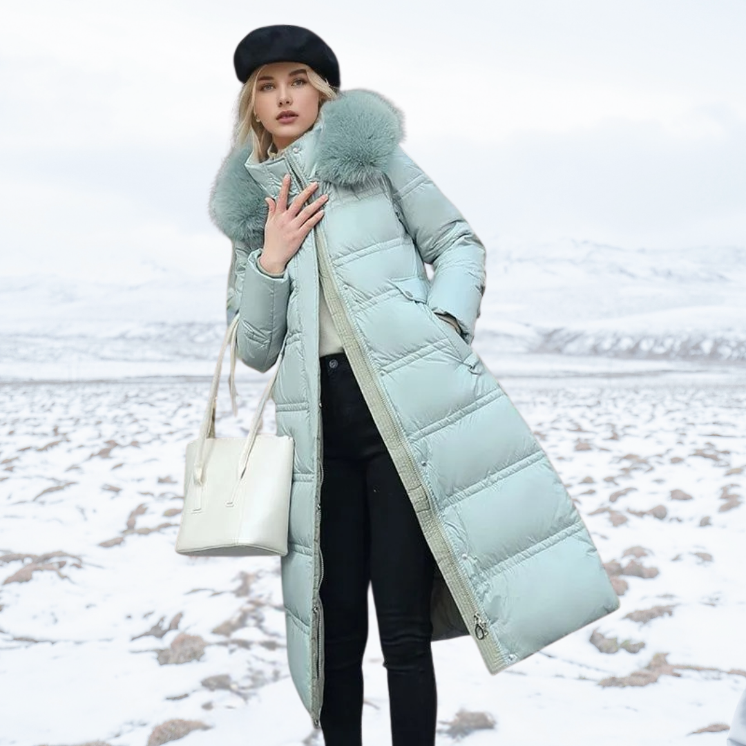 Blue Mid-Calf Puffer Coat worn front view