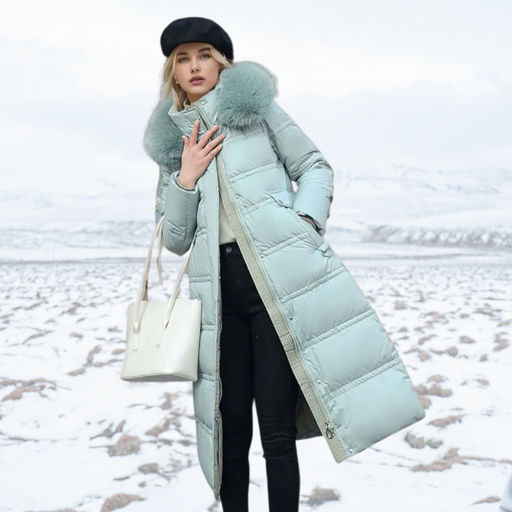 Blue Mid-Calf Puffer Coat worn front view