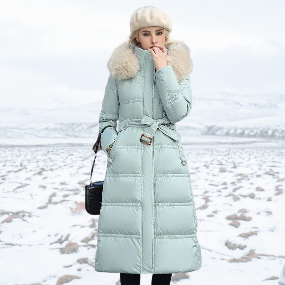 Blue Mid-Calf Puffer Coat worn front view belted