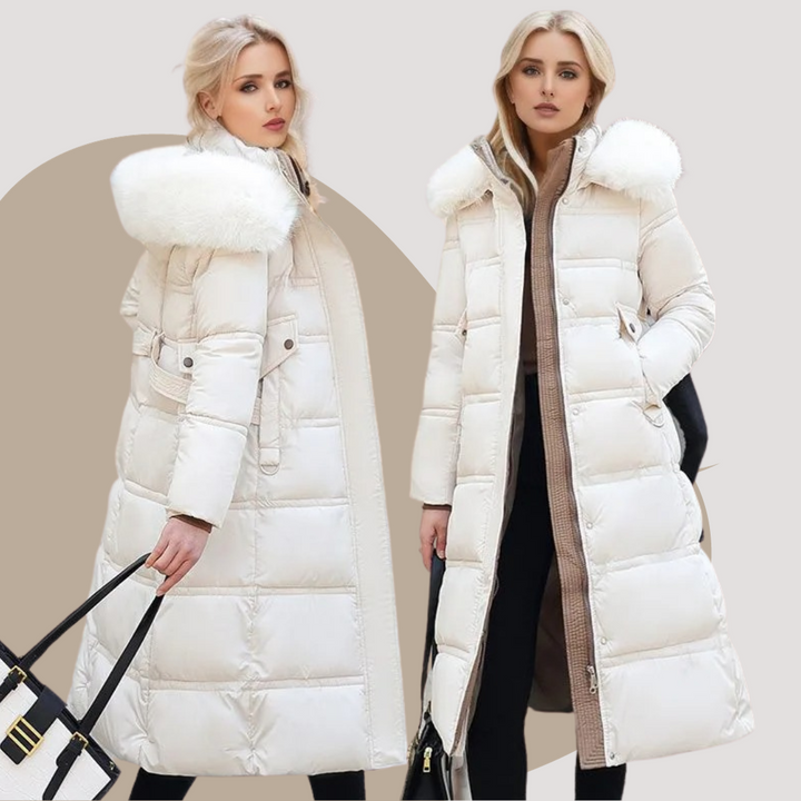 White Mid-Calf Puffer Coat worn front and back views