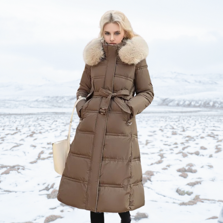 Brown Mid-Calf Puffer Coat worn front view belted
